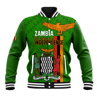Green unisex baseball jacket with striped collar and front Zambia 59 graphic, snap buttons