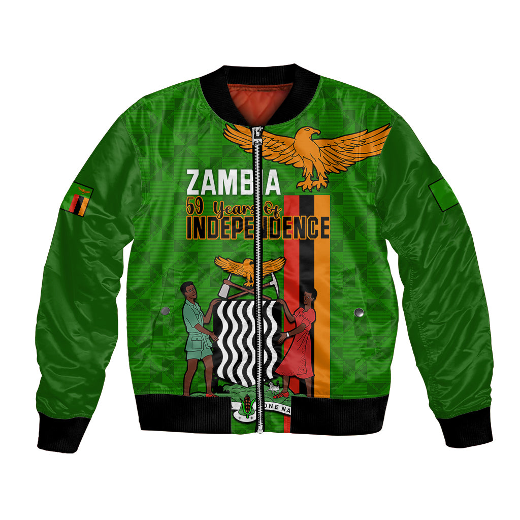 Green unisex bomber jacket with Zambia Independence front graphic and zipper front
