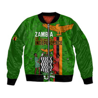 Green unisex bomber jacket with Zambia Independence front graphic and zipper front