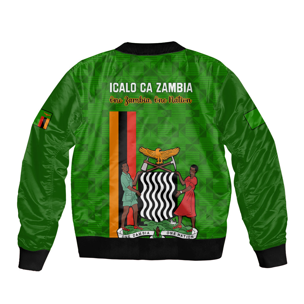 Green unisex bomber jacket with back graphic banner, crest and two-tone lettering