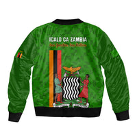 Green unisex bomber jacket with back graphic banner, crest and two-tone lettering