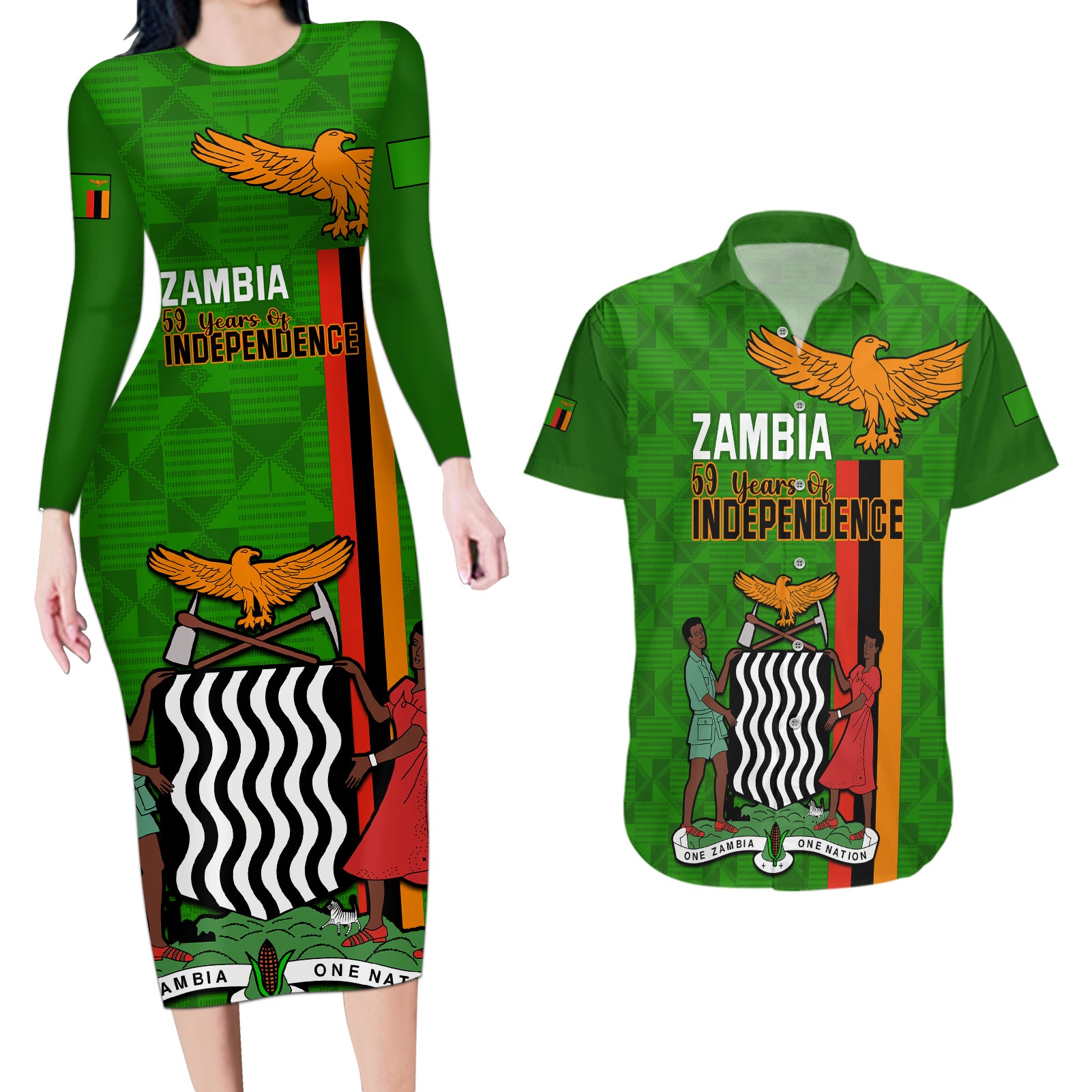 Zambia Independence Day Couples Matching Long Sleeve Bodycon Dress and Hawaiian Shirt Happy 59th Anniversary Kente Pattern - Wonder Print Shop