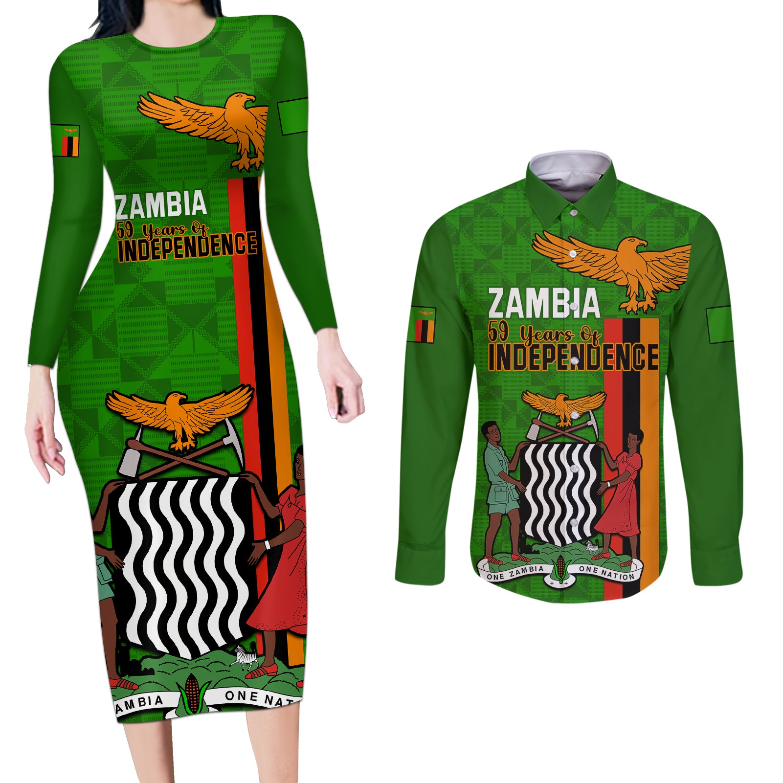 Zambia Independence Day Couples Matching Long Sleeve Bodycon Dress and Long Sleeve Button Shirts Happy 59th Anniversary Kente Pattern - Wonder Print Shop