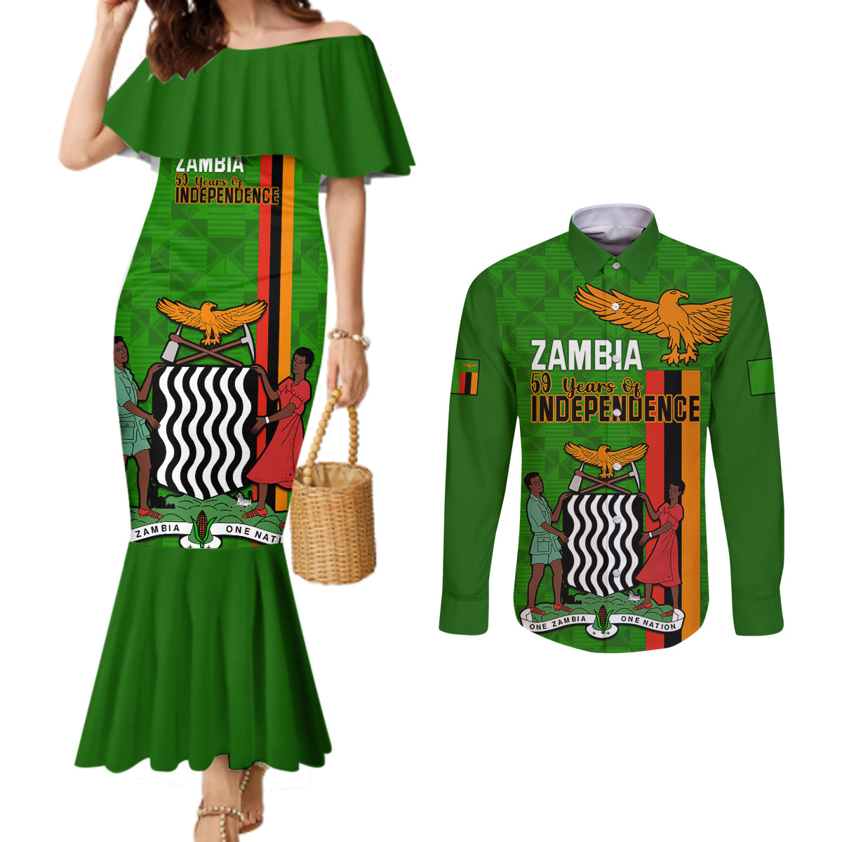 zambia-independence-day-couples-matching-mermaid-dress-and-long-sleeve-button-shirts-happy-59th-anniversary-kente-pattern