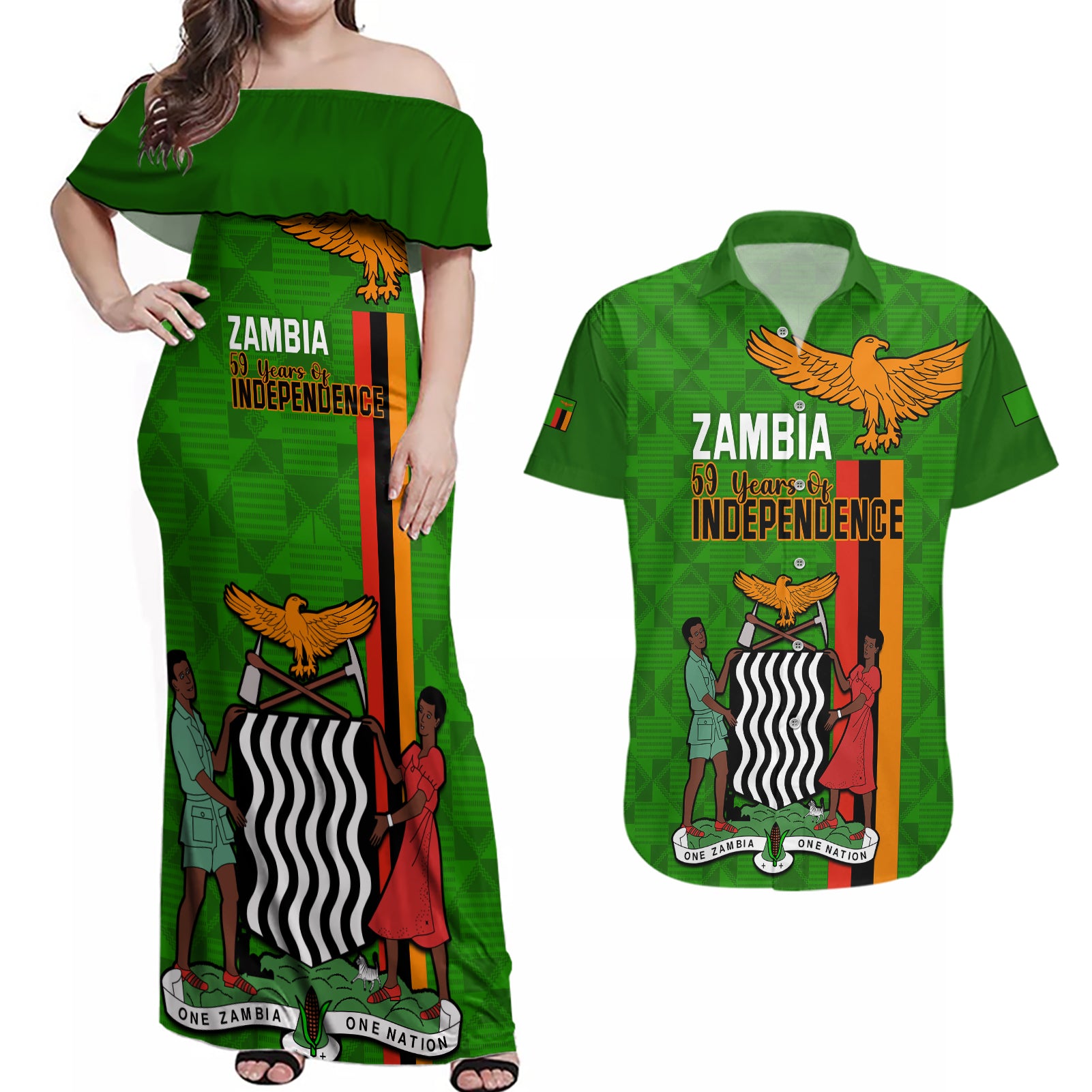 Zambia Independence Day Couples Matching Off Shoulder Maxi Dress and Hawaiian Shirt Happy 59th Anniversary Kente Pattern - Wonder Print Shop