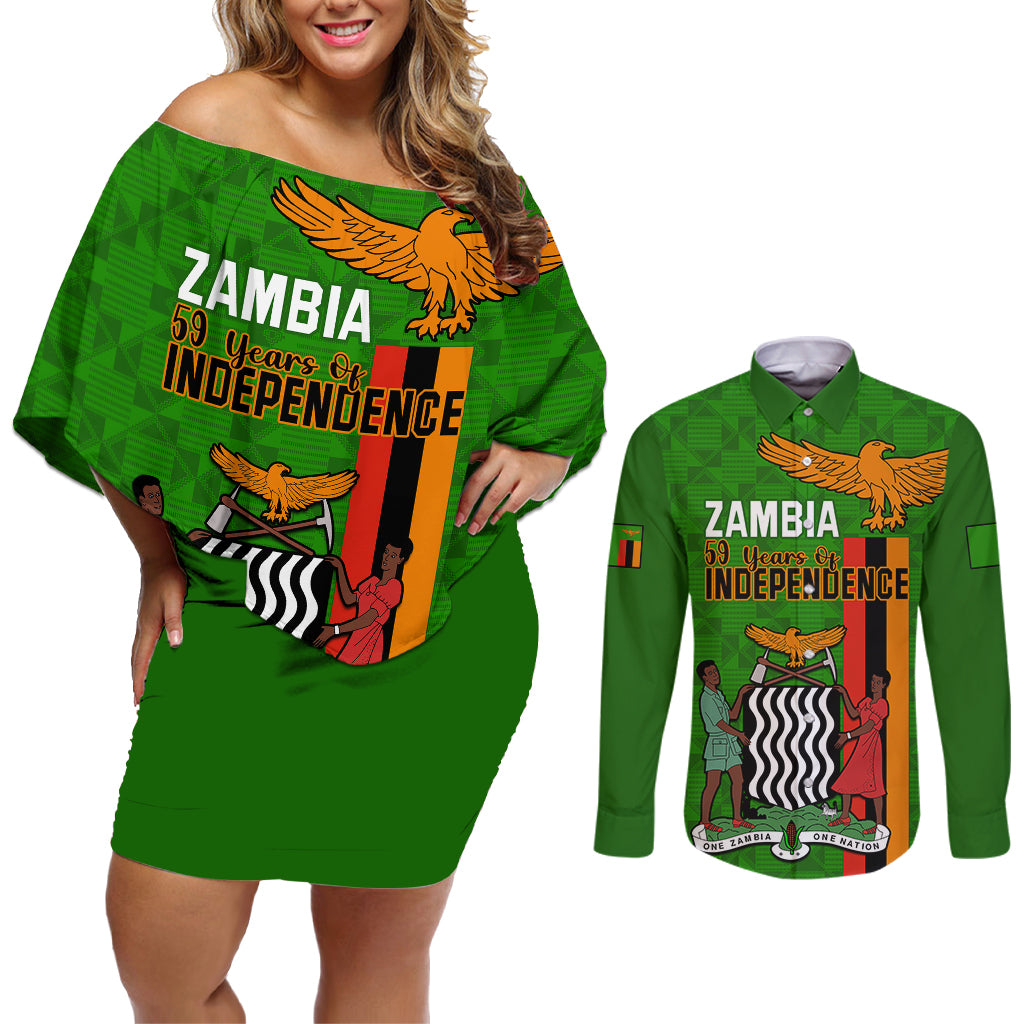 Zambia Independence Day Couples Matching Off Shoulder Short Dress and Long Sleeve Button Shirts Happy 59th Anniversary Kente Pattern - Wonder Print Shop