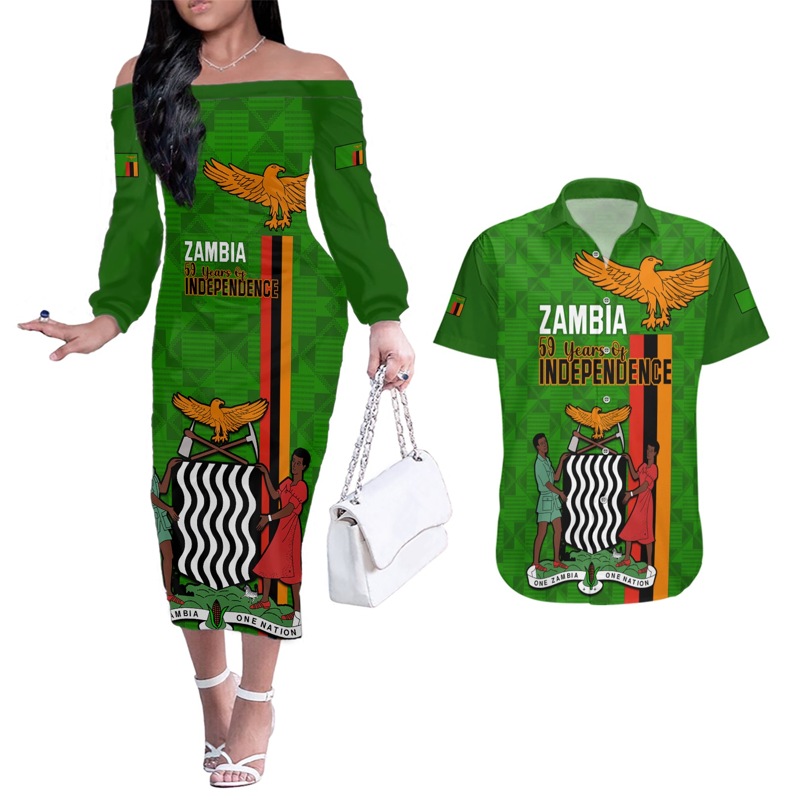 Zambia Independence Day Couples Matching Off The Shoulder Long Sleeve Dress and Hawaiian Shirt Happy 59th Anniversary Kente Pattern - Wonder Print Shop