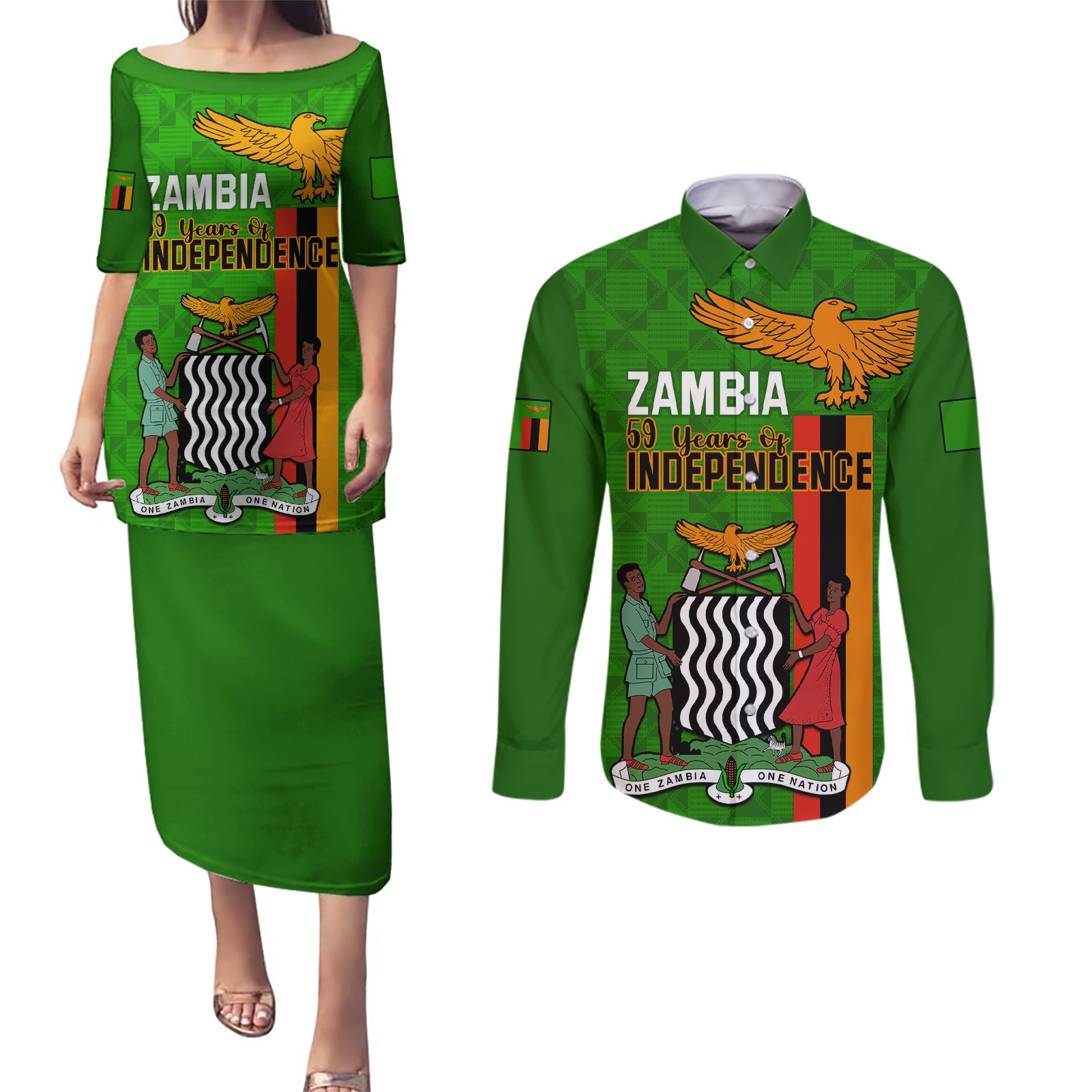 Zambia Independence Day Couples Matching Puletasi Dress and Long Sleeve Button Shirts Happy 59th Anniversary Kente Pattern - Wonder Print Shop