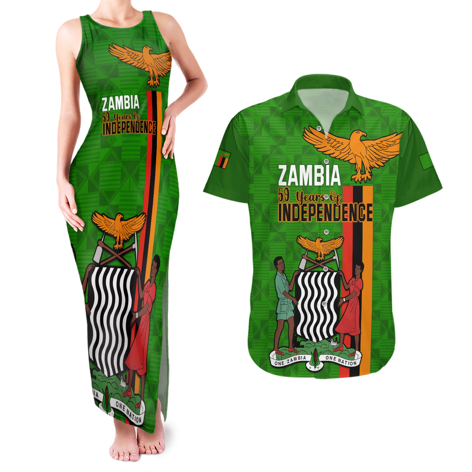 Zambia Independence Day Couples Matching Tank Maxi Dress and Hawaiian Shirt Happy 59th Anniversary Kente Pattern - Wonder Print Shop