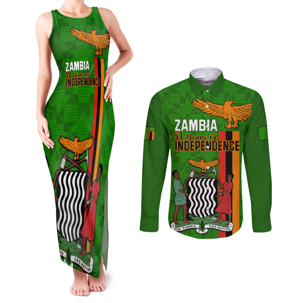 Zambia Independence Day Couples Matching Tank Maxi Dress and Long Sleeve Button Shirts Happy 59th Anniversary Kente Pattern - Wonder Print Shop