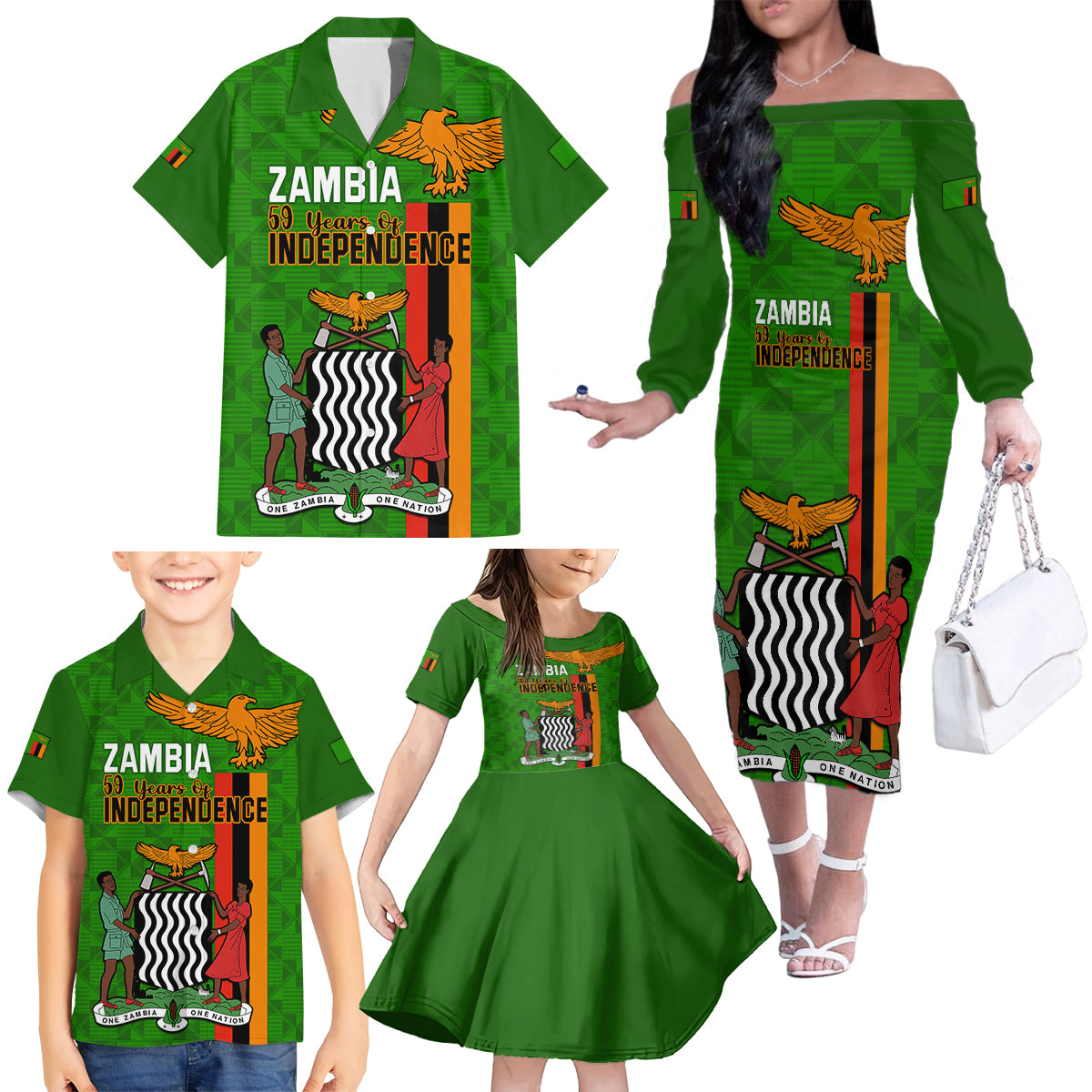 Zambia Independence Day Family Matching Off Shoulder Long Sleeve Dress and Hawaiian Shirt Happy 59th Anniversary Kente Pattern - Wonder Print Shop