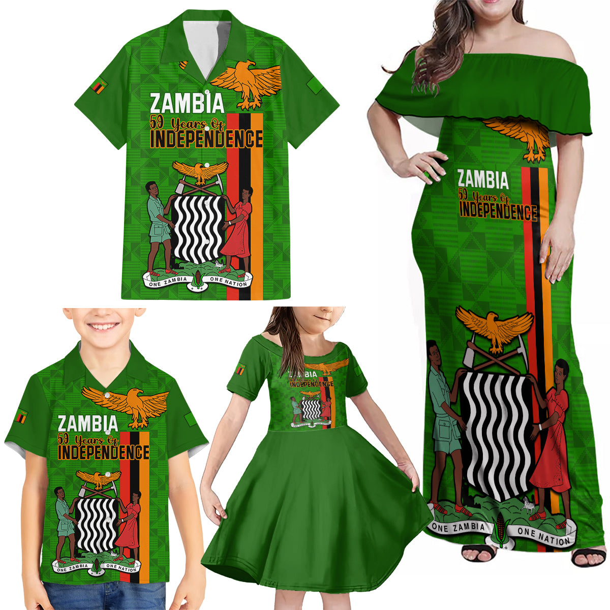 Zambia Independence Day Family Matching Off Shoulder Maxi Dress and Hawaiian Shirt Happy 59th Anniversary Kente Pattern - Wonder Print Shop