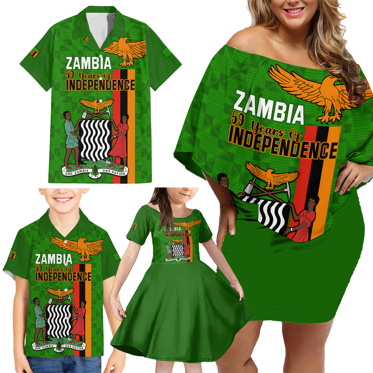 Zambia Independence Day Family Matching Off Shoulder Short Dress and Hawaiian Shirt Happy 59th Anniversary Kente Pattern - Wonder Print Shop