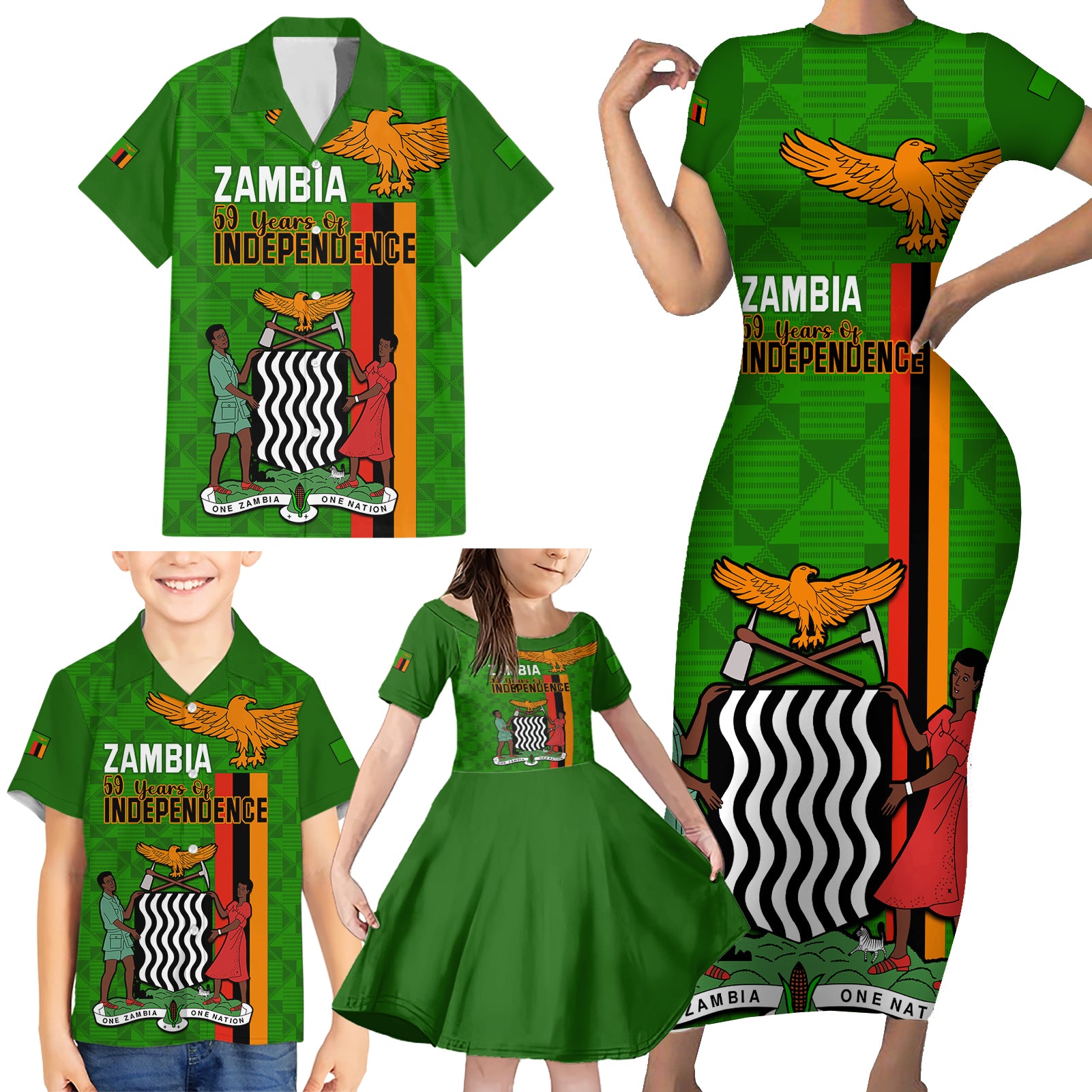 Zambia Independence Day Family Matching Short Sleeve Bodycon Dress and Hawaiian Shirt Happy 59th Anniversary Kente Pattern - Wonder Print Shop