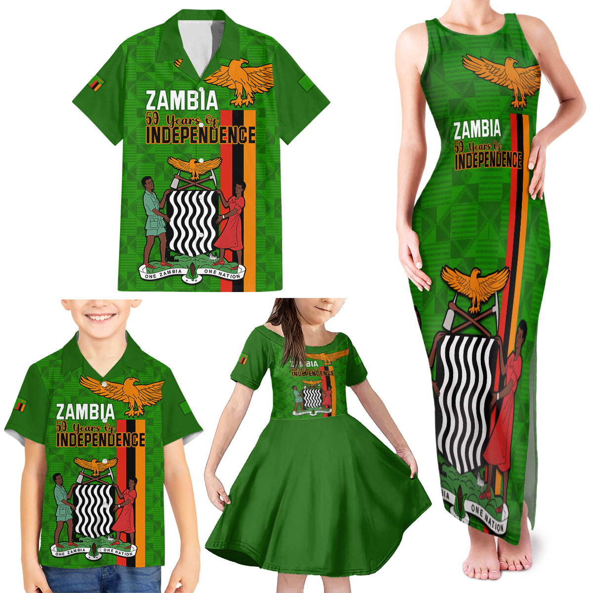 Zambia Independence Day Family Matching Tank Maxi Dress and Hawaiian Shirt Happy 59th Anniversary Kente Pattern - Wonder Print Shop