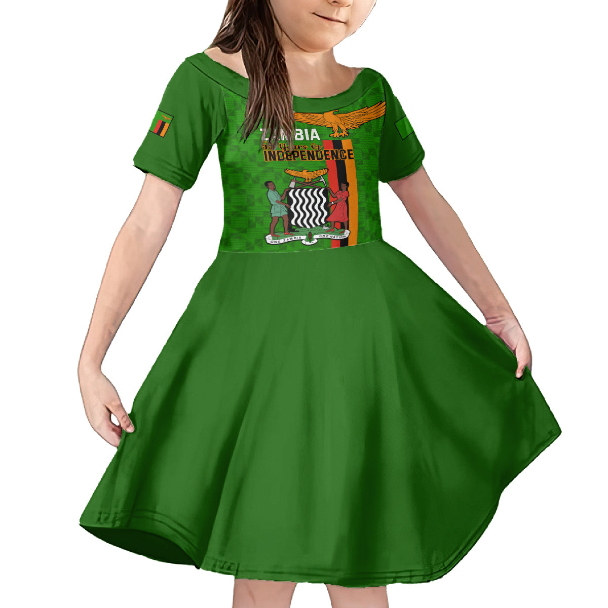 Zambia Independence Day Kid Short Sleeve Dress Happy 59th Anniversary Kente Pattern - Wonder Print Shop