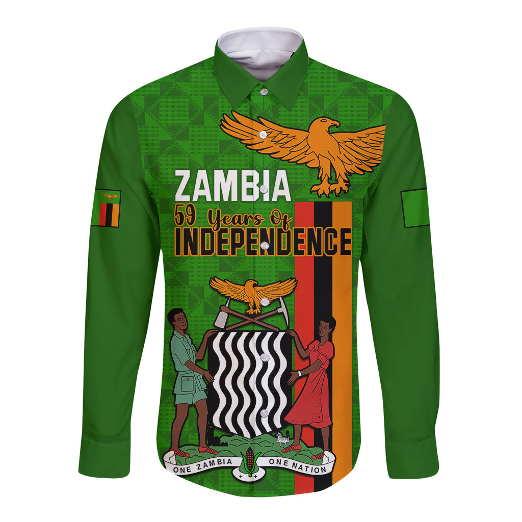 Green long-sleeve button shirt with bird-and-people graphic front panel