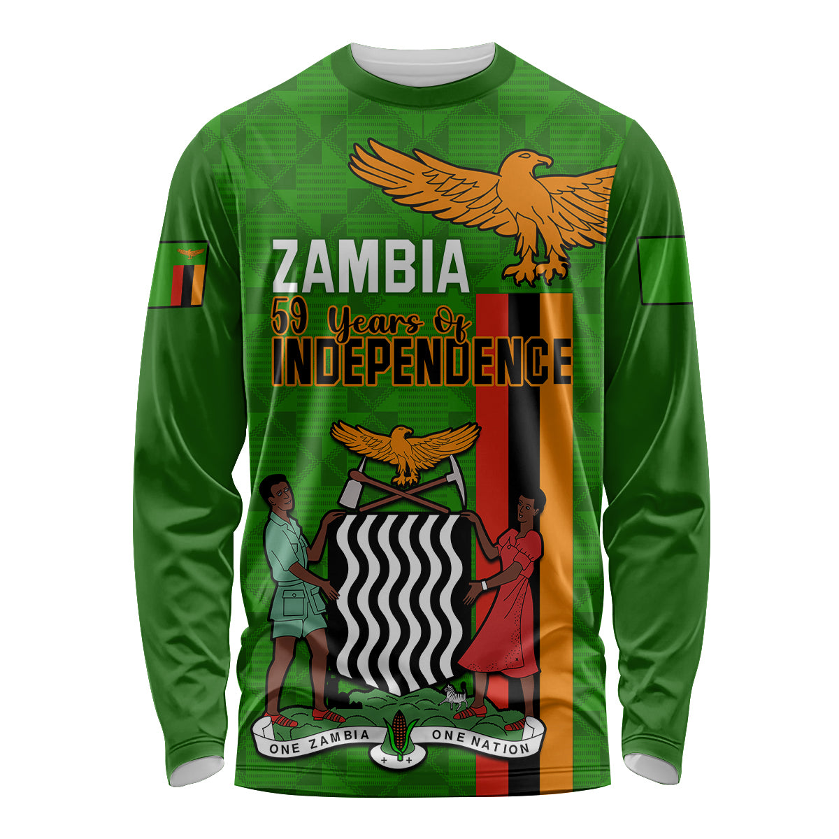 Zambia Independence Day Long Sleeve Shirt Happy 59th Anniversary Kente Pattern - Wonder Print Shop