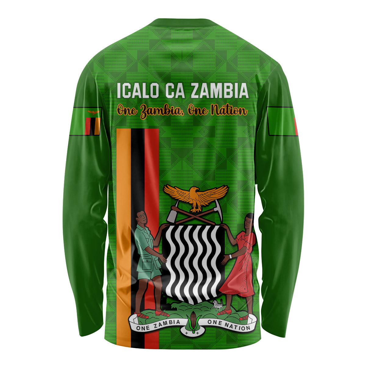 Green long-sleeve shirt with back text 'ICALO CA ZAMBIA' and eagle illustration