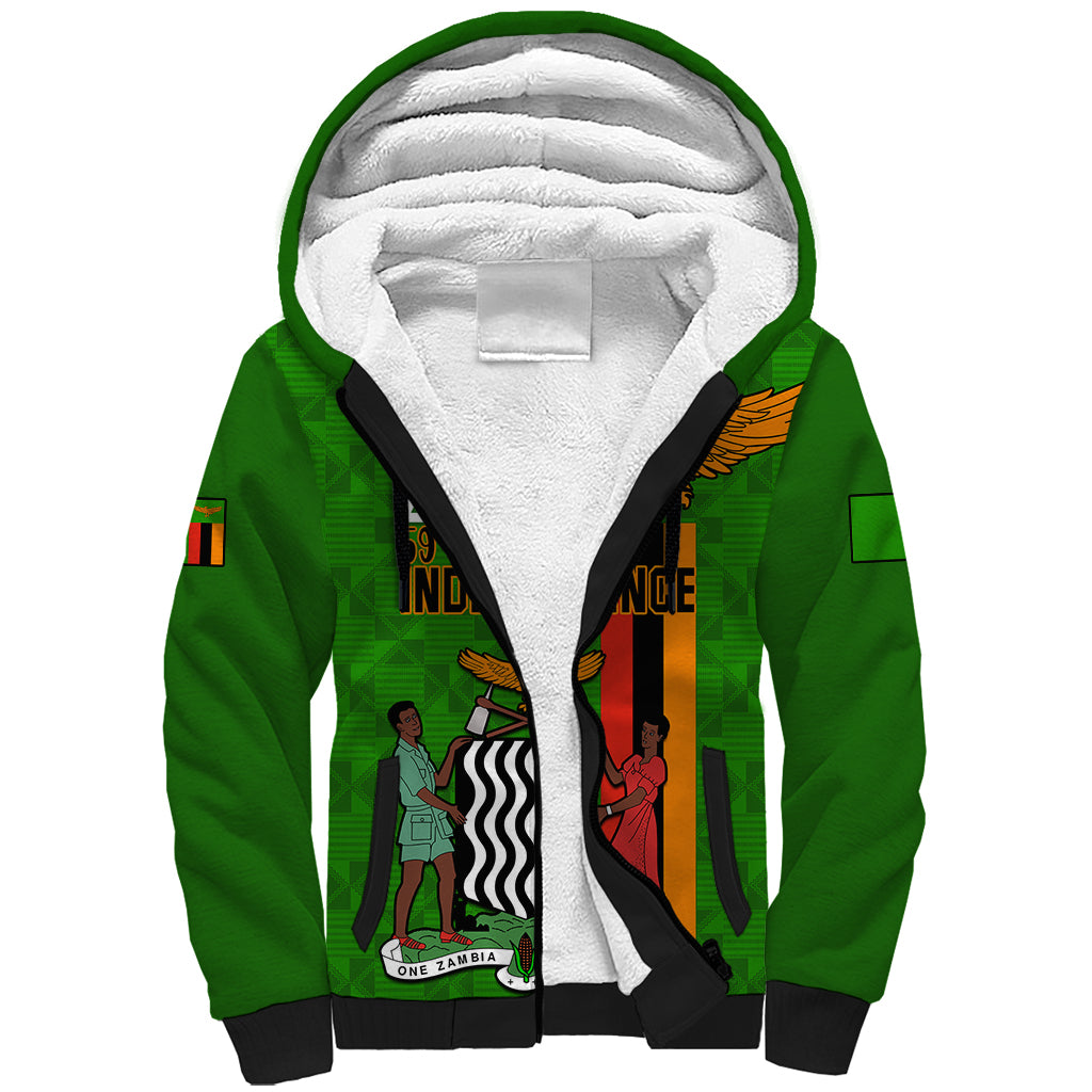 Zambia Independence Day Sherpa Hoodie Happy 59th Anniversary Kente Pattern - Wonder Print Shop