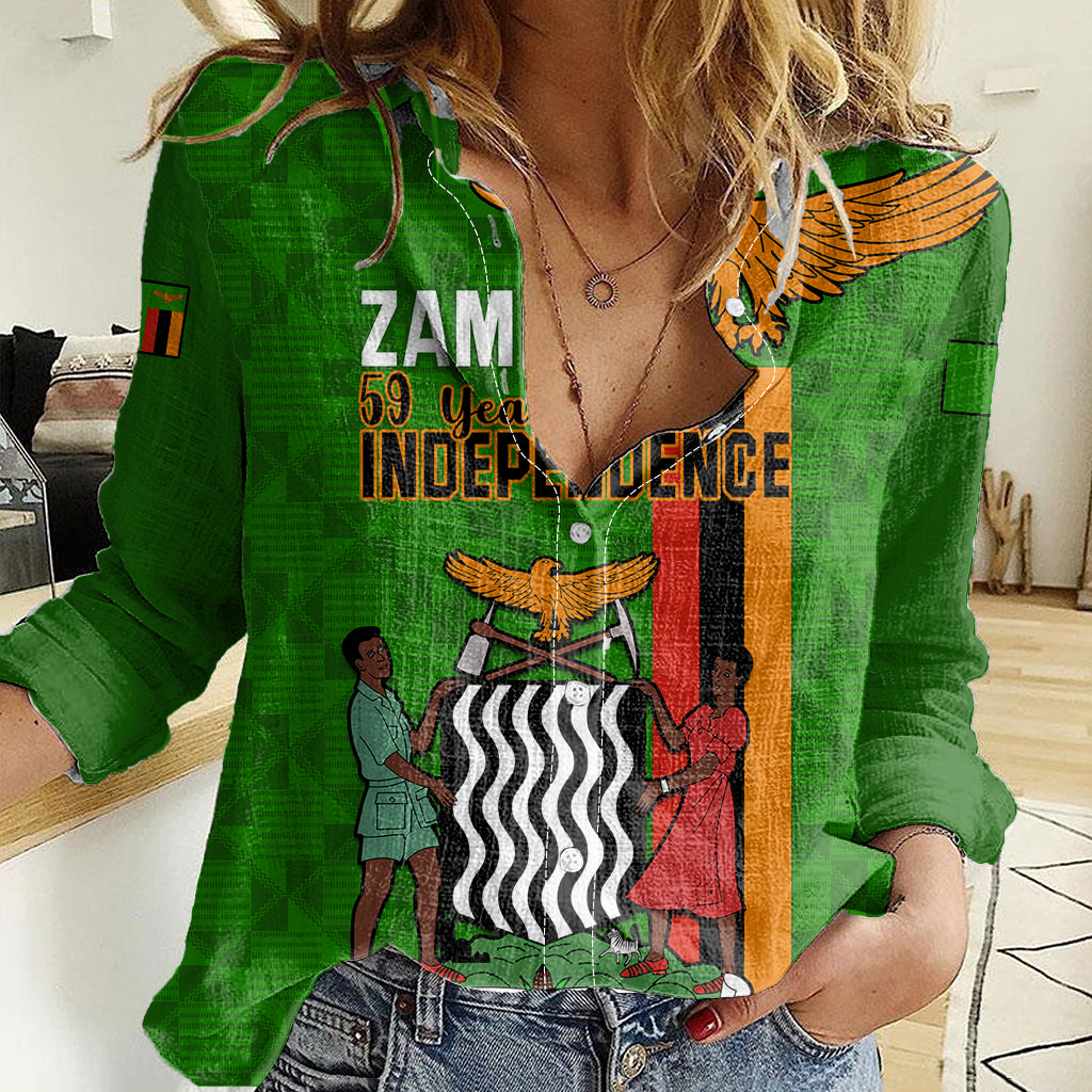 Zambia Independence Day Women Casual Shirt Happy 59th Anniversary Kente Pattern - Wonder Print Shop