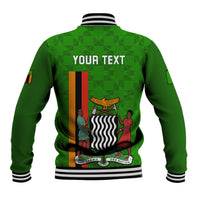 Green baseball jacket with striped ribbed collar and back graphic with YOUR TEXT