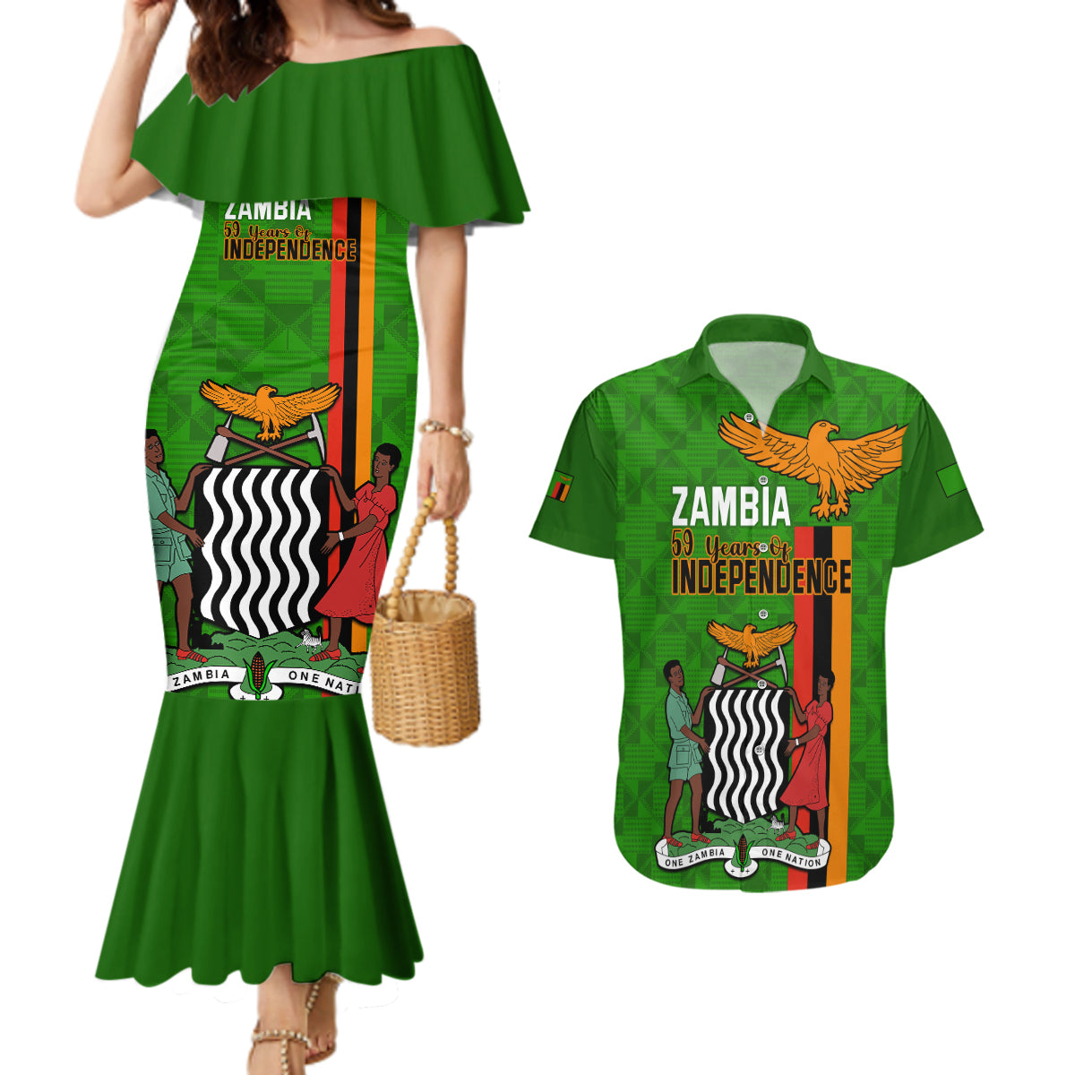 Personalised Zambia Independence Day Couples Matching Mermaid Dress and Hawaiian Shirt Happy 59th Anniversary Kente Pattern - Wonder Print Shop