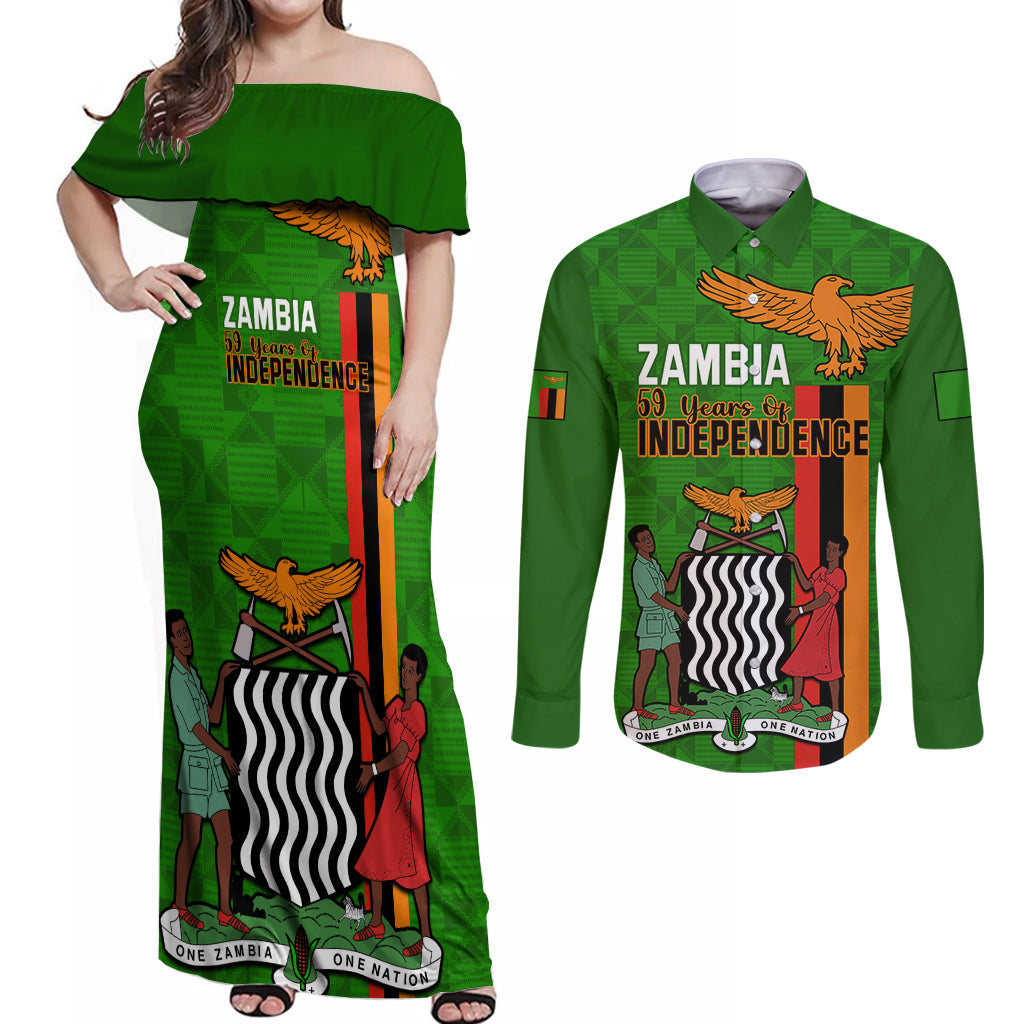 Personalised Zambia Independence Day Couples Matching Off Shoulder Maxi Dress and Long Sleeve Button Shirts Happy 59th Anniversary Kente Pattern - Wonder Print Shop