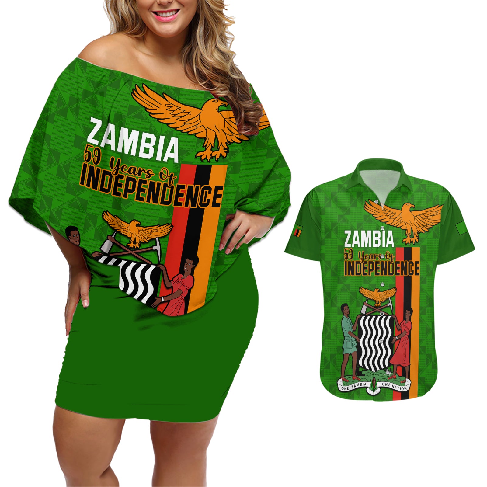 Personalised Zambia Independence Day Couples Matching Off Shoulder Short Dress and Hawaiian Shirt Happy 59th Anniversary Kente Pattern - Wonder Print Shop