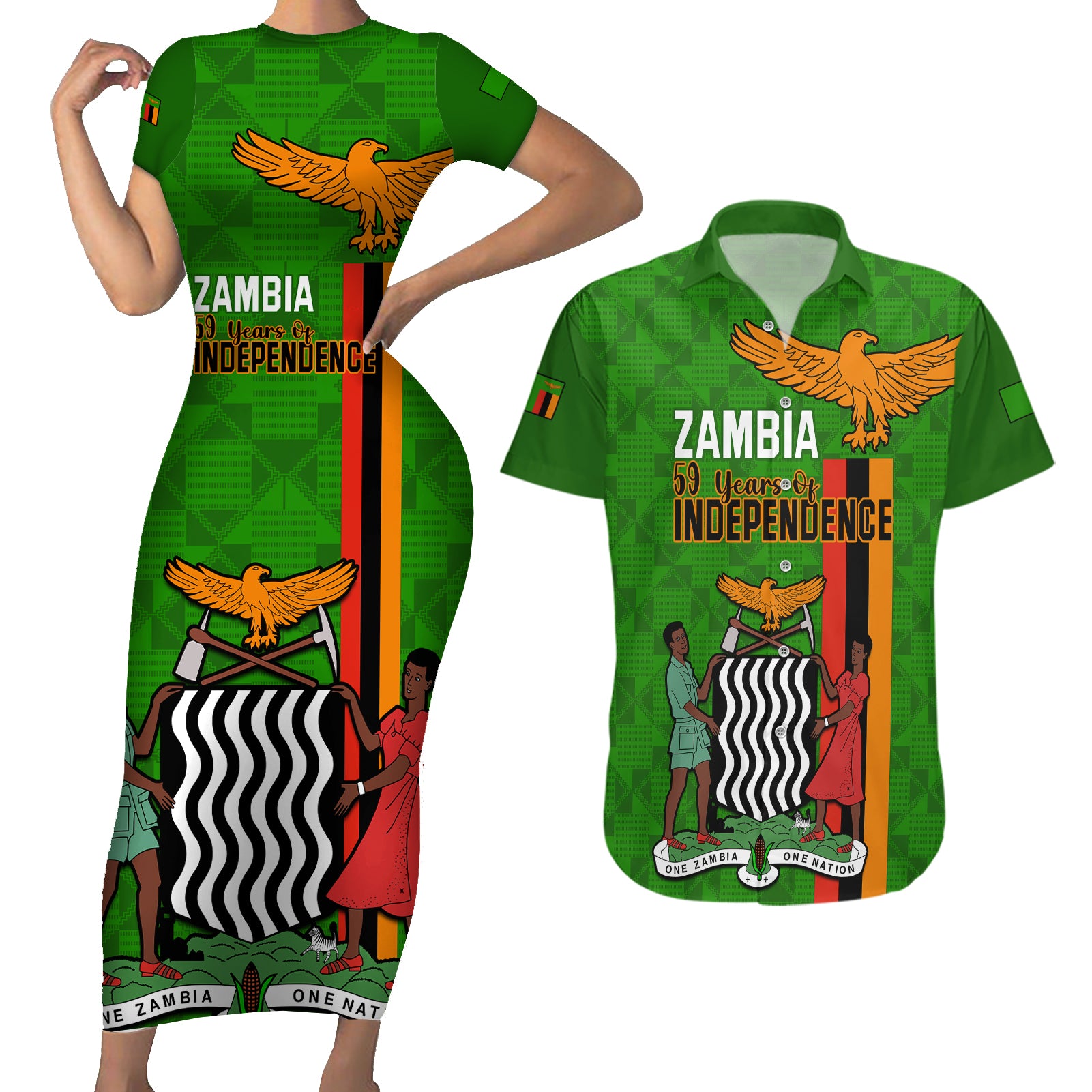 Personalised Zambia Independence Day Couples Matching Short Sleeve Bodycon Dress and Hawaiian Shirt Happy 59th Anniversary Kente Pattern - Wonder Print Shop