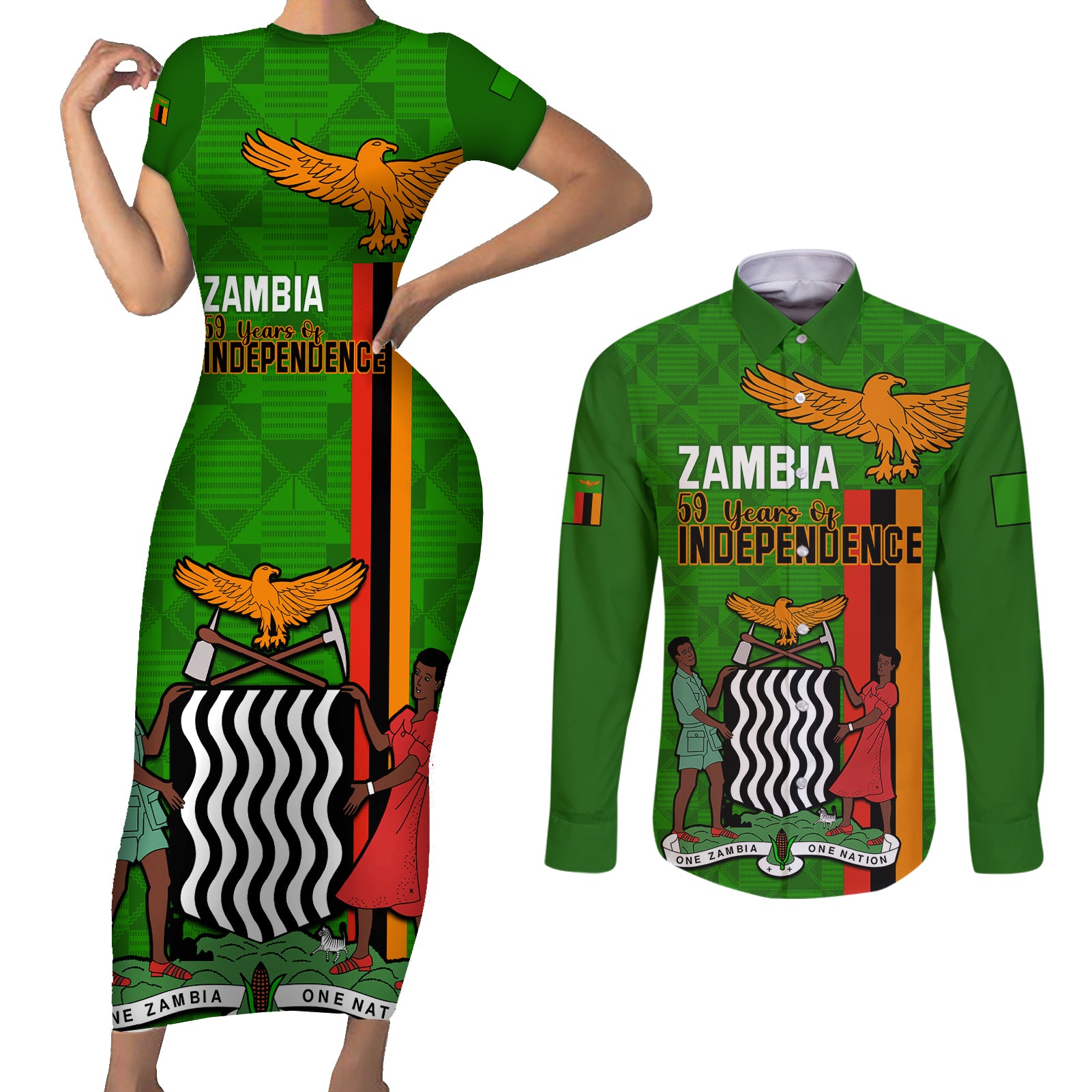 Personalised Zambia Independence Day Couples Matching Short Sleeve Bodycon Dress and Long Sleeve Button Shirts Happy 59th Anniversary Kente Pattern - Wonder Print Shop