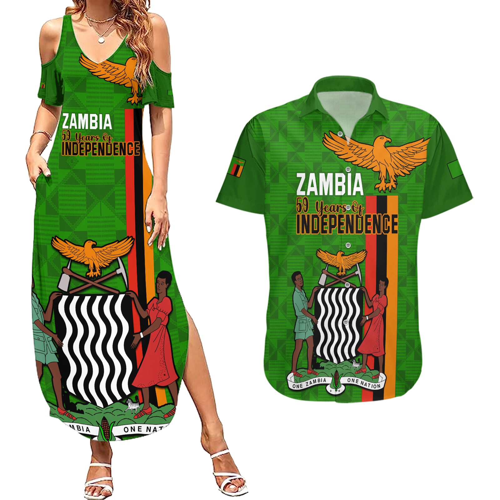 Personalised Zambia Independence Day Couples Matching Summer Maxi Dress and Hawaiian Shirt Happy 59th Anniversary Kente Pattern - Wonder Print Shop