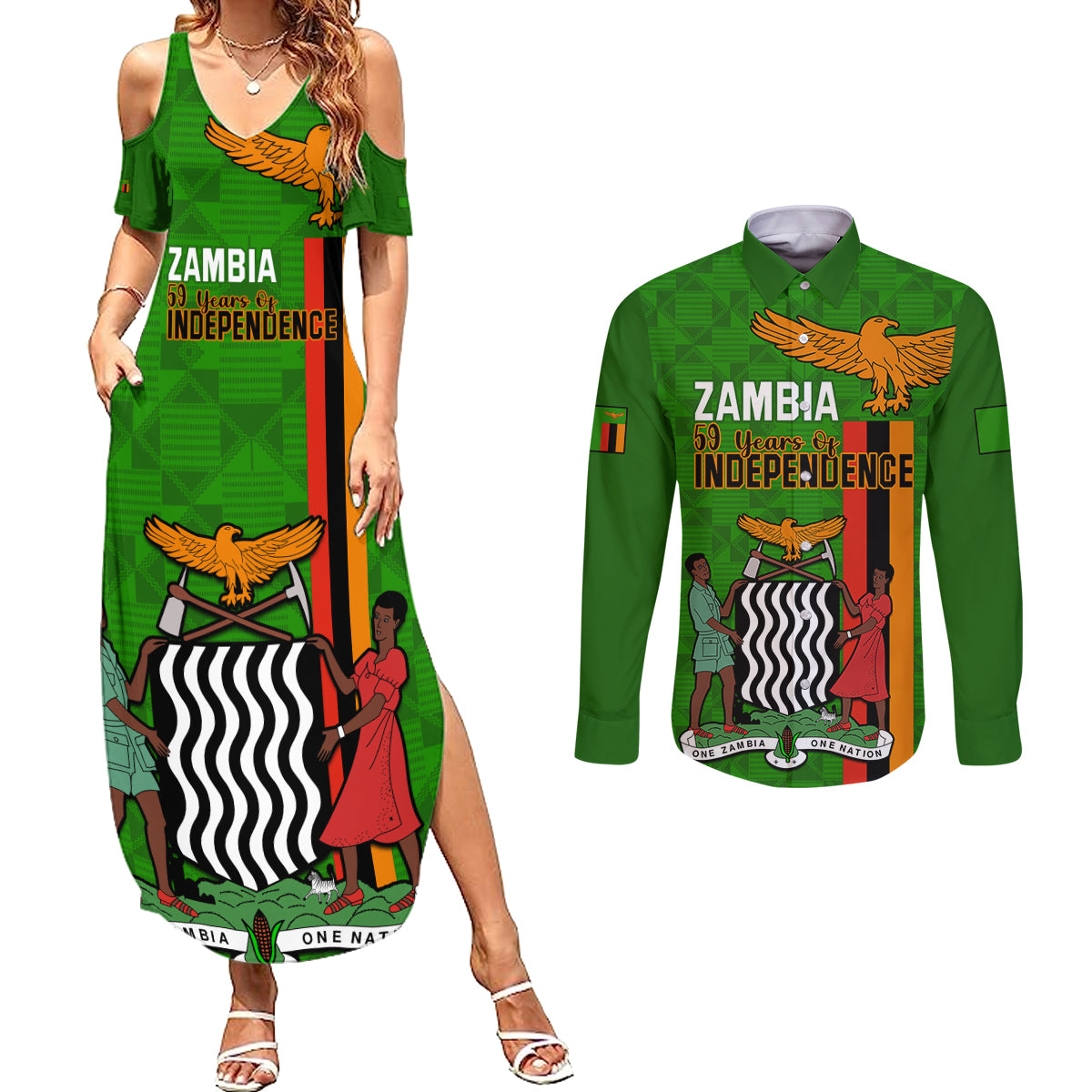 Personalised Zambia Independence Day Couples Matching Summer Maxi Dress and Long Sleeve Button Shirts Happy 59th Anniversary Kente Pattern - Wonder Print Shop