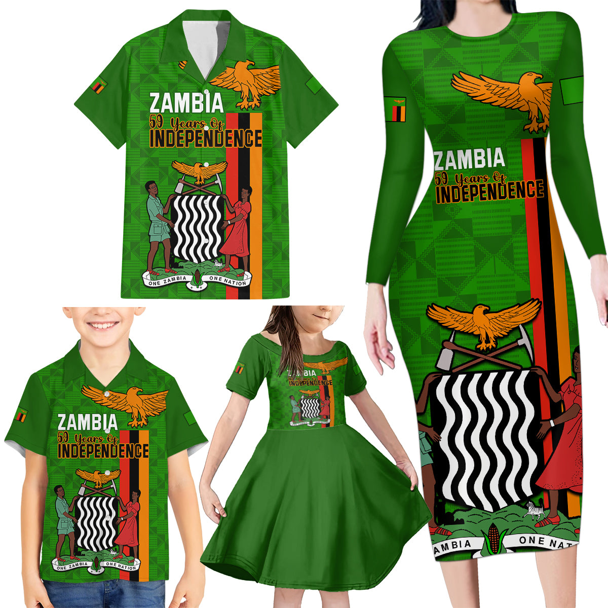 Personalised Zambia Independence Day Family Matching Long Sleeve Bodycon Dress and Hawaiian Shirt Happy 59th Anniversary Kente Pattern - Wonder Print Shop