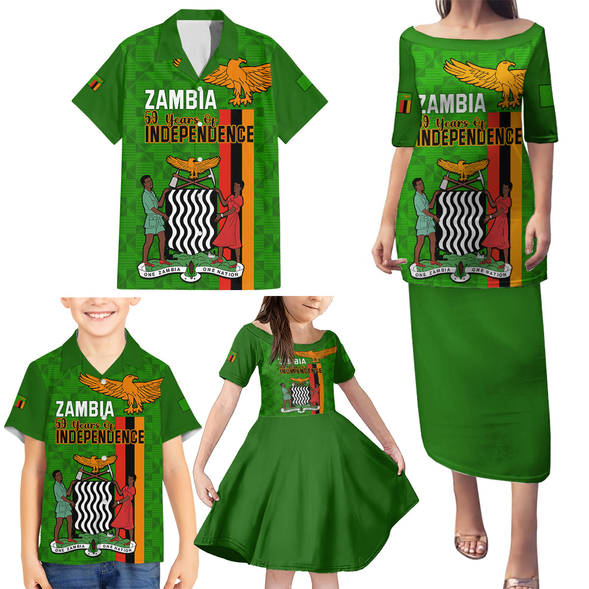 Personalised Zambia Independence Day Family Matching Puletasi Dress and Hawaiian Shirt Happy 59th Anniversary Kente Pattern - Wonder Print Shop