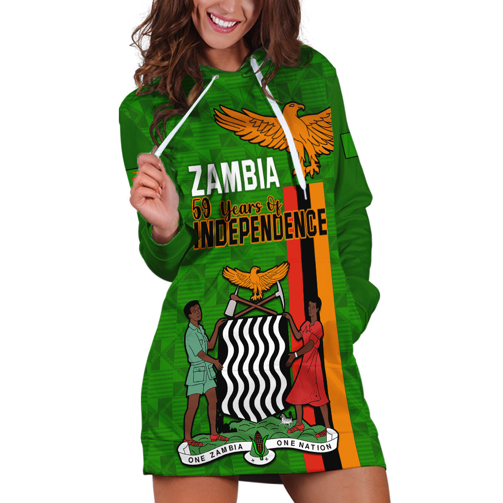 Personalised Zambia Independence Day Hoodie Dress Happy 59th Anniversary Kente Pattern - Wonder Print Shop