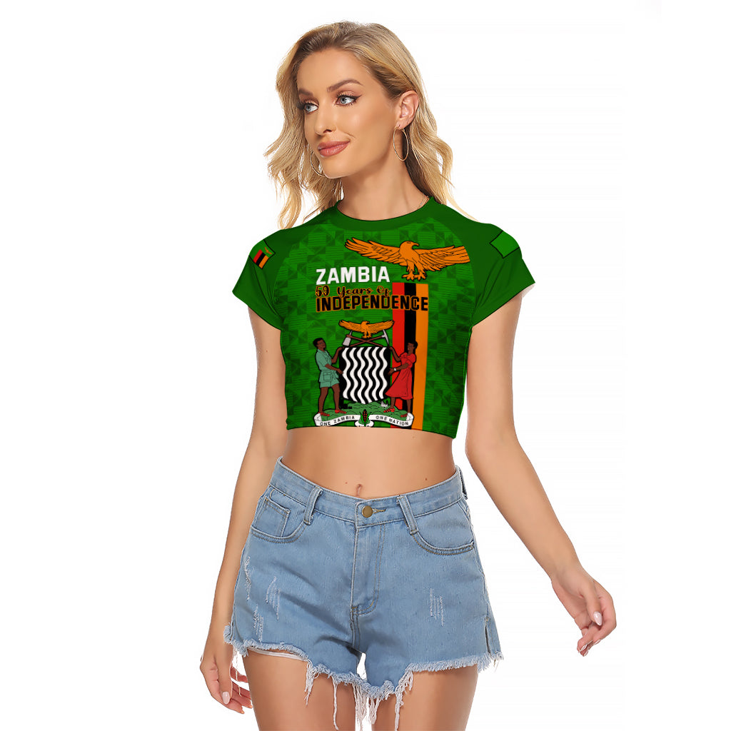 Personalised Zambia Independence Day Raglan Cropped T Shirt Happy 59th Anniversary Kente Pattern - Wonder Print Shop