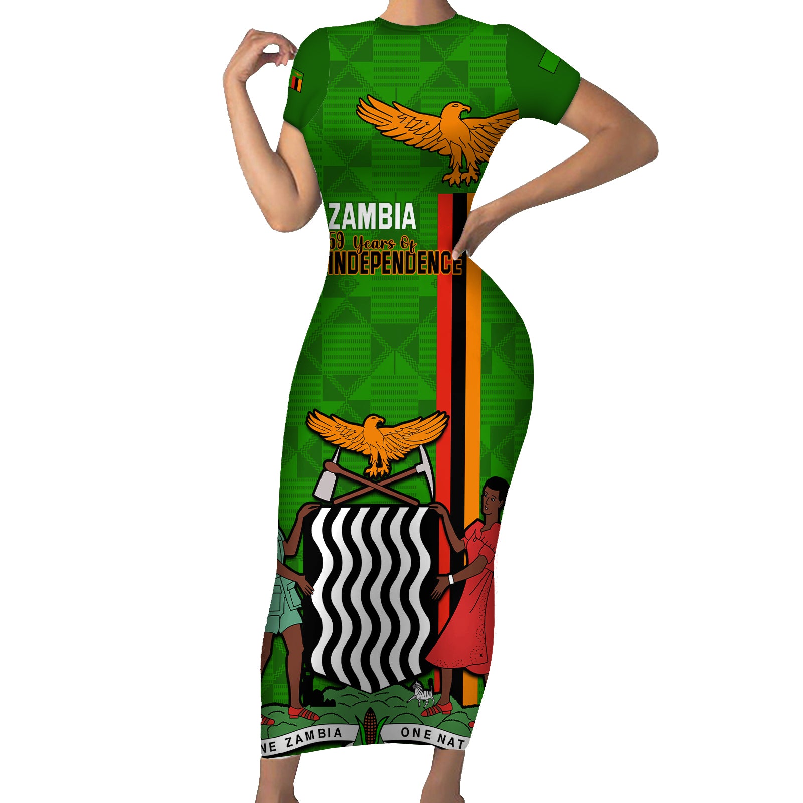 Personalised Zambia Independence Day Short Sleeve Bodycon Dress Happy 59th Anniversary Kente Pattern - Wonder Print Shop