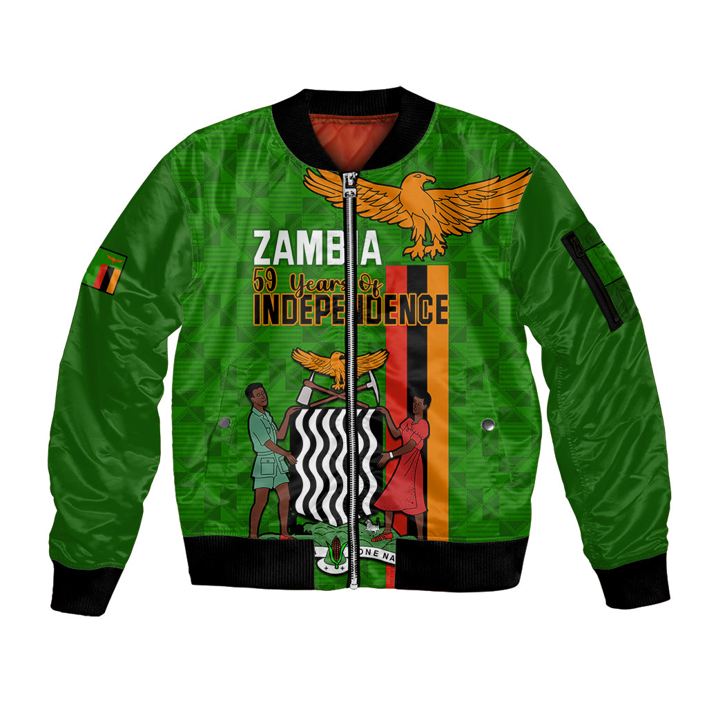 Personalised Zambia Independence Day Sleeve Zip Bomber Jacket Happy 59th Anniversary Kente Pattern - Wonder Print Shop