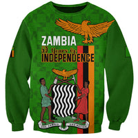 Green crewneck sweatshirt with ZAMBIA Independence graphic, long sleeves