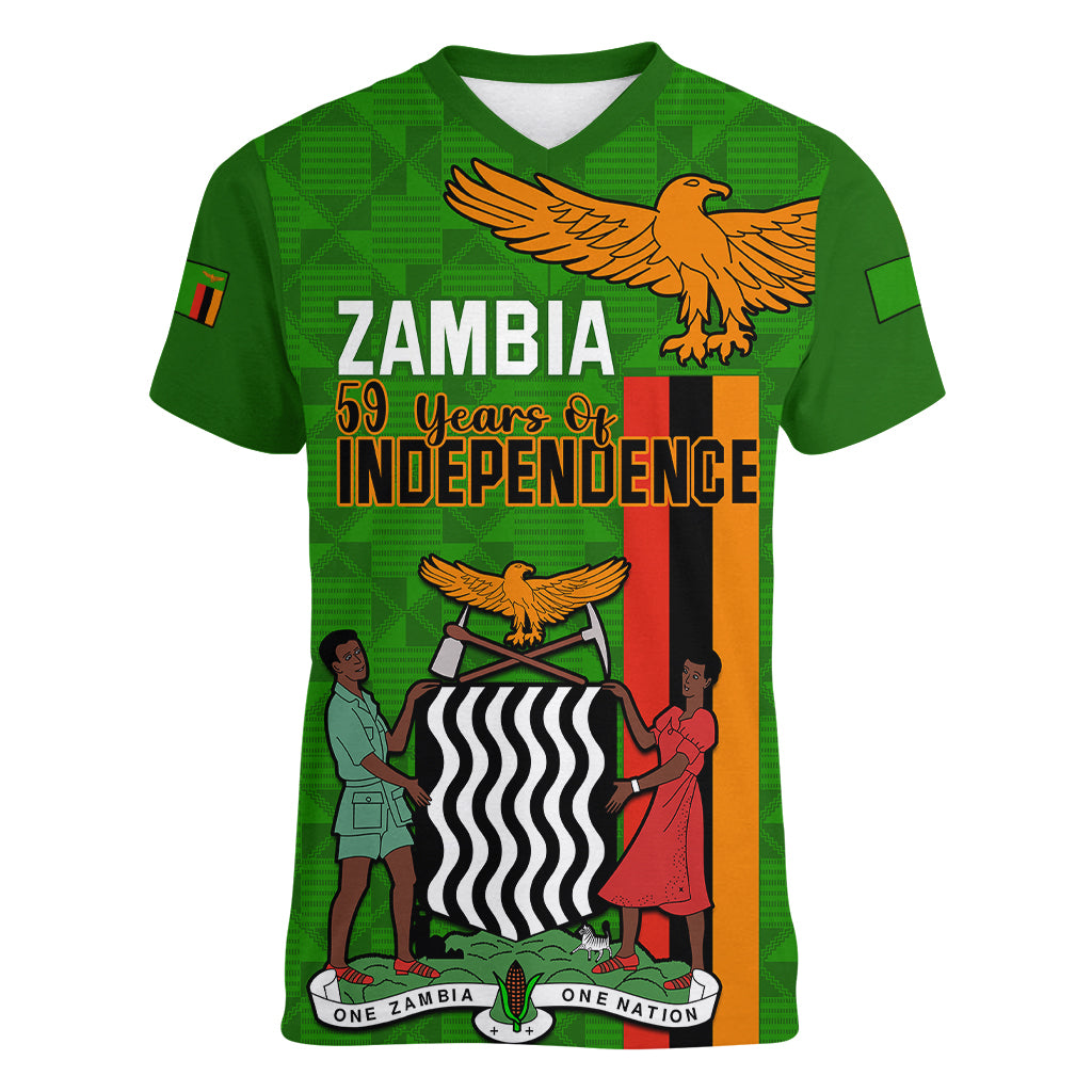 Personalised Zambia Independence Day Women V Neck T Shirt Happy 59th Anniversary Kente Pattern - Wonder Print Shop