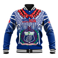 Unisex blue rugby baseball jacket with striped ribbed collar and bold front graphic