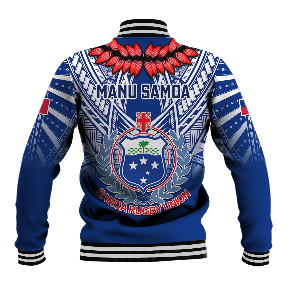 Unisex blue rugby baseball jacket with striped ribbed collar and back crest graphic