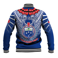 Unisex blue rugby baseball jacket with striped ribbed collar and back crest graphic