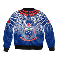 Blue zip-up bomber jacket with Samoa Rugby Union crest, geometric patterns, ribbed trim