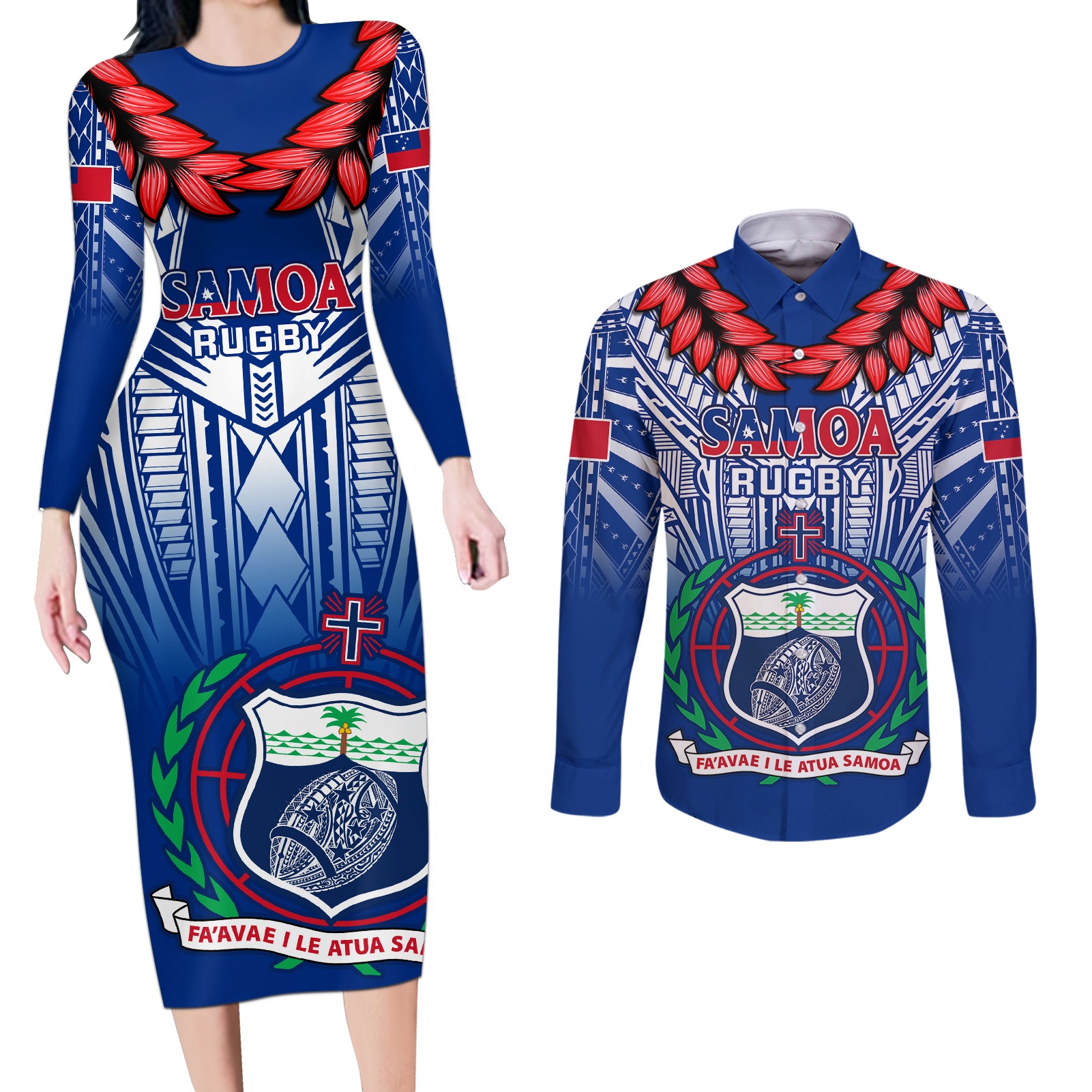 Samoa Rugby Couples Matching Long Sleeve Bodycon Dress and Long Sleeve Button Shirts 2023 Go Manu Samoa With Ula Fala Style - Wonder Print Shop