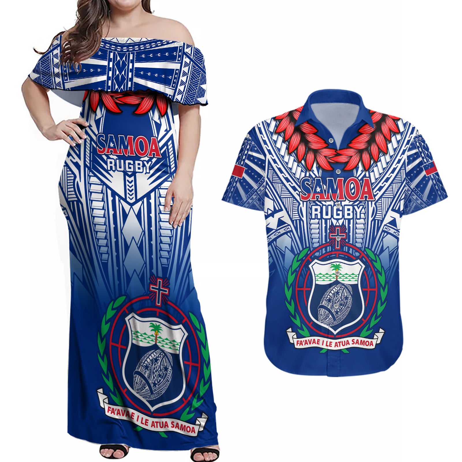 Samoa Rugby Couples Matching Off Shoulder Maxi Dress and Hawaiian Shirt 2023 Go Manu Samoa With Ula Fala Style - Wonder Print Shop