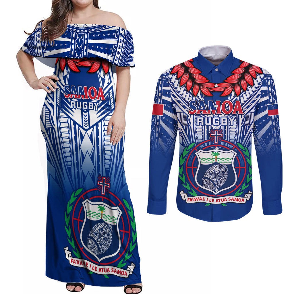 Samoa Rugby Couples Matching Off Shoulder Maxi Dress and Long Sleeve Button Shirts 2023 Go Manu Samoa With Ula Fala Style - Wonder Print Shop