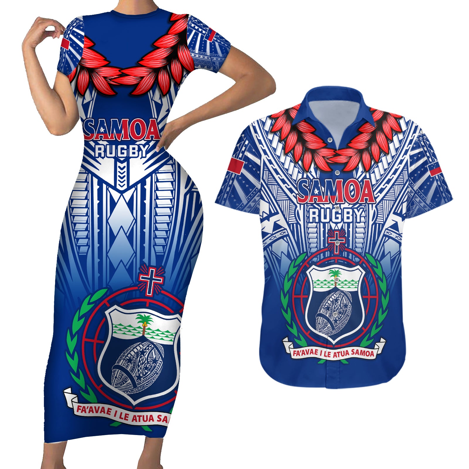 Samoa Rugby Couples Matching Short Sleeve Bodycon Dress and Hawaiian Shirt 2023 Go Manu Samoa With Ula Fala Style - Wonder Print Shop