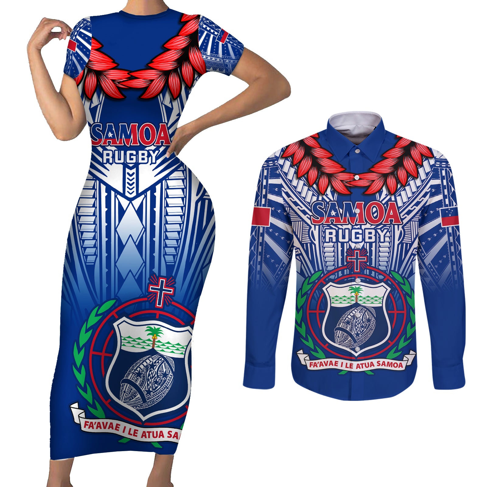 Samoa Rugby Couples Matching Short Sleeve Bodycon Dress and Long Sleeve Button Shirts 2023 Go Manu Samoa With Ula Fala Style - Wonder Print Shop